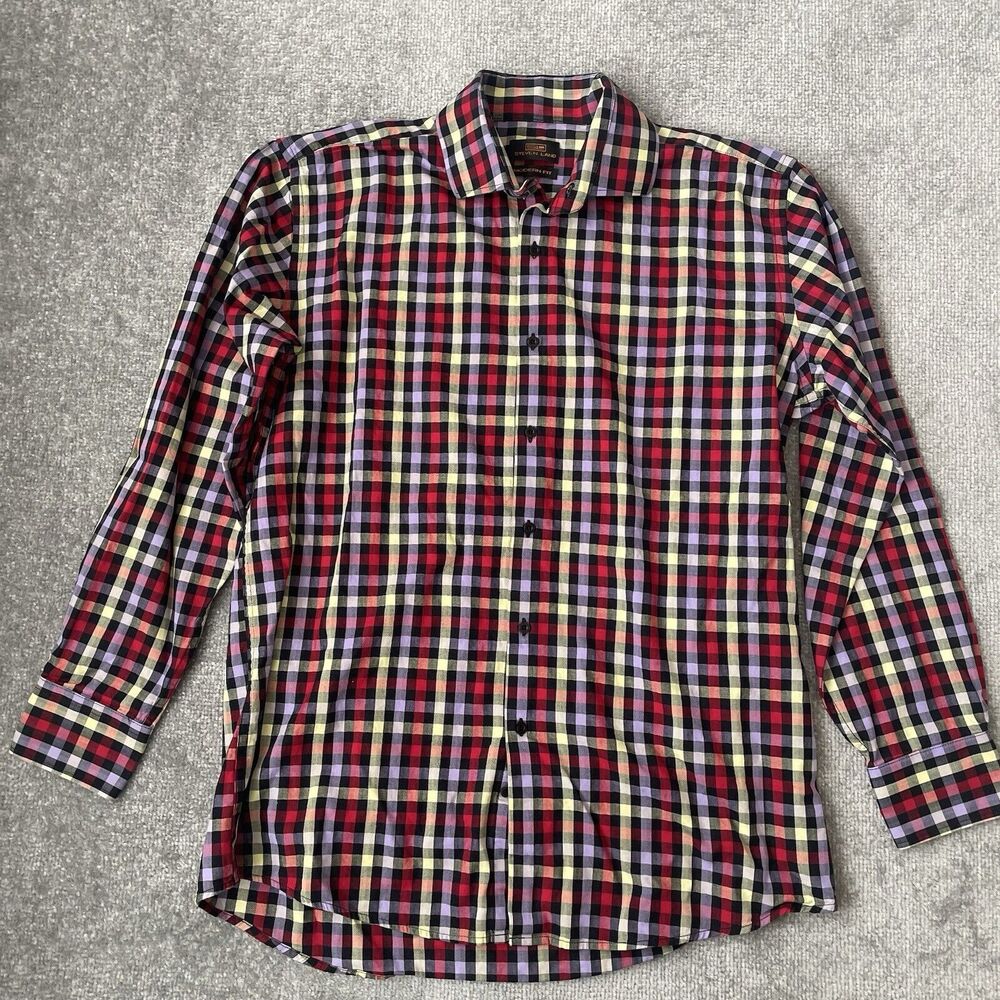 Steven Land Shirt Mens 16.5 34/35 Red Purple Yellow Black Checkered Plaid Modern
